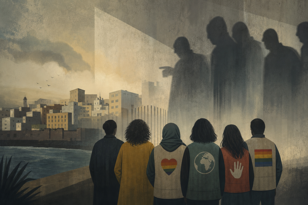 Siluetas de activistas ante sombras amenazantes y un paisaje urbano abstracto que representa el acoso en Ceuta.