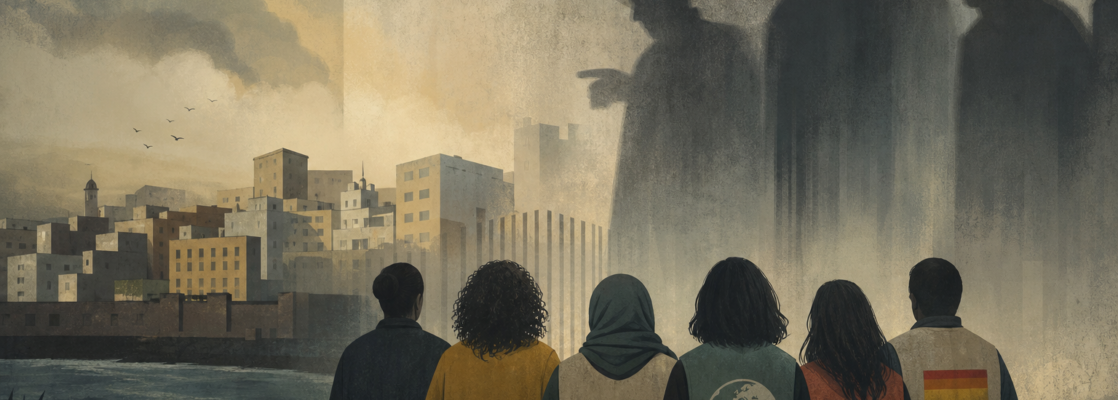 Siluetas de activistas ante sombras amenazantes y un paisaje urbano abstracto que representa el acoso en Ceuta.