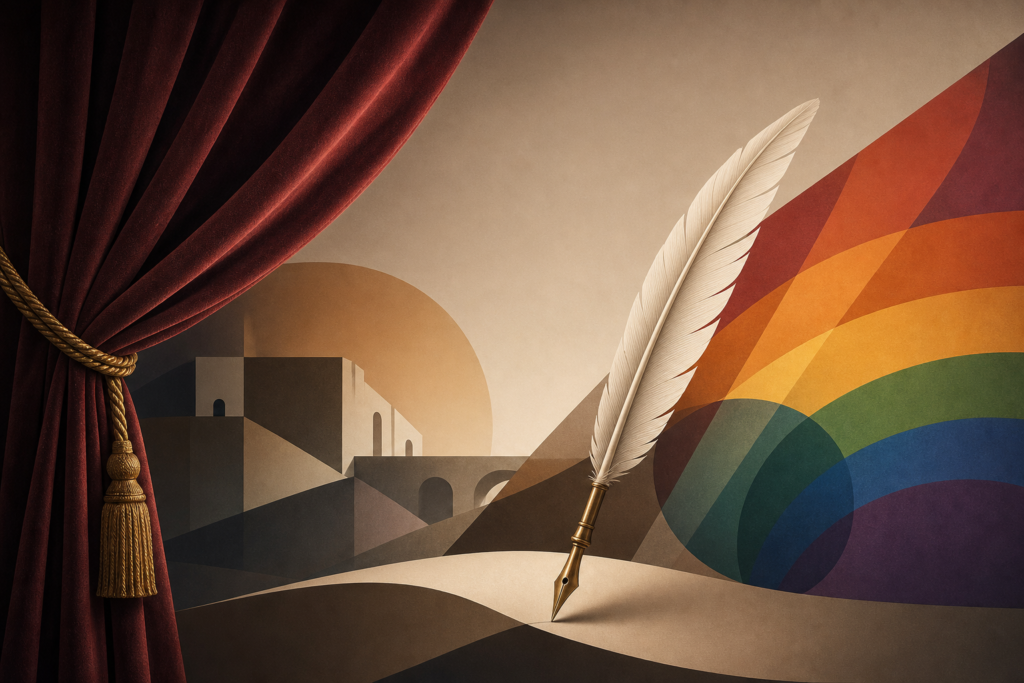 Telón teatral, pluma y formas geométricas con los colores del arcoíris sobre un fondo neutro.