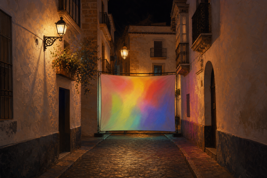 Calle nocturna de El Pópulo con fachadas encaladas y una pantalla que proyecta formas abstractas con colores arcoíris.