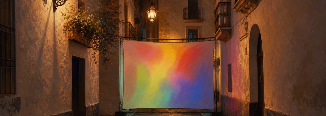 Calle nocturna de El Pópulo con fachadas encaladas y una pantalla que proyecta formas abstractas con colores arcoíris.