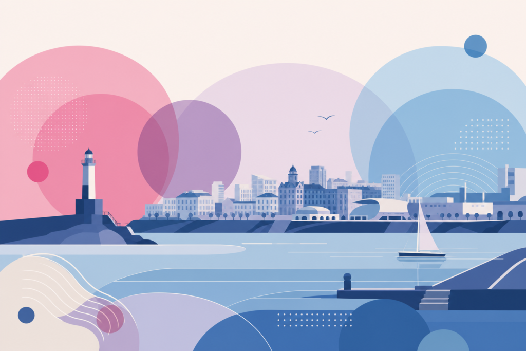 Formas abstractas con los colores bisexuales ante una silueta minimalista de Santander y el mar.