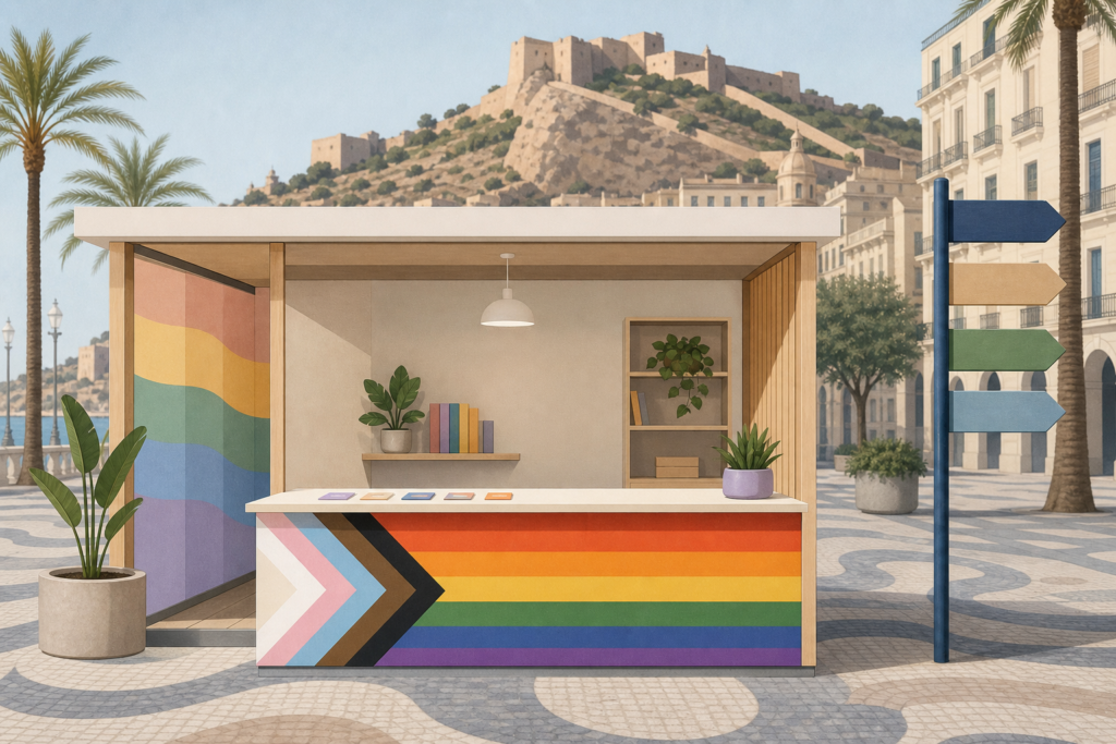 Ilustración conceptual de un punto provincial LGTBIQA+ con mostrador y señalización urbana genérica en Alicante.