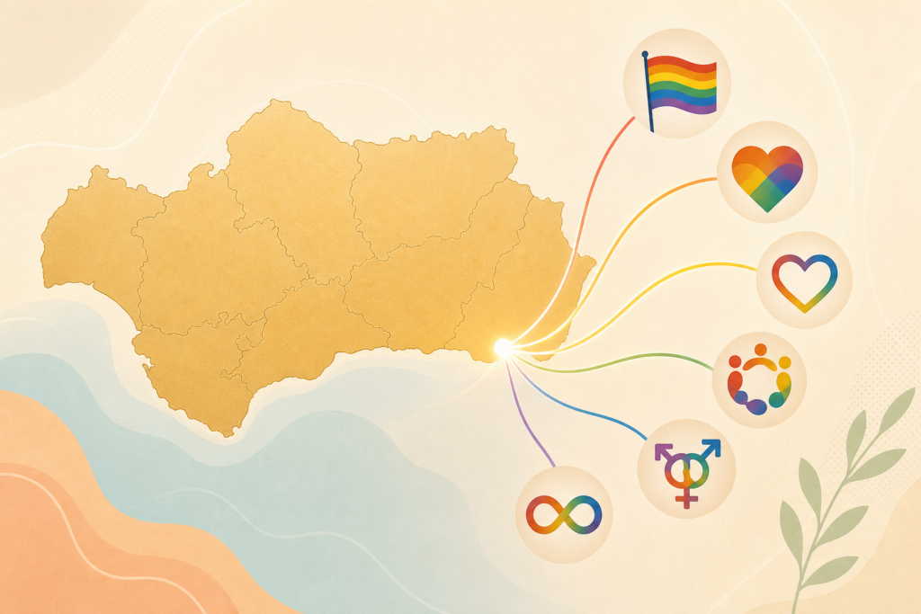 Mapa de Andalucía con Almería destacada y una red de iconos que simbolizan diversidad e inclusión LGTBI.