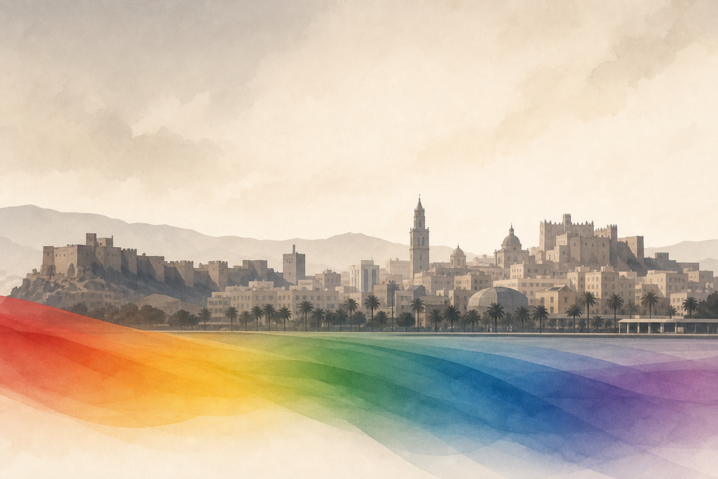 Silueta estilizada de Almería ante una banda difuminada con los colores del arcoíris.