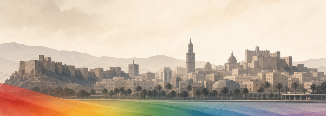 Silueta estilizada de Almería ante una banda difuminada con los colores del arcoíris.