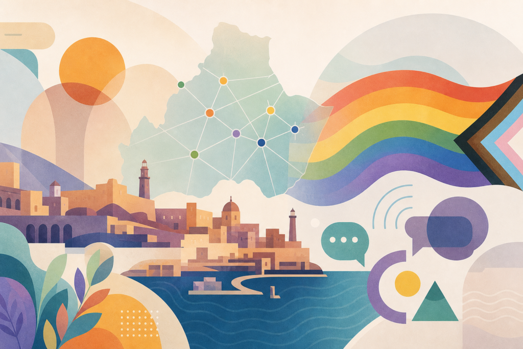 Ilustración abstracta con símbolos de diversidad, un mapa estilizado de Almería y elementos gráficos de comunicación.