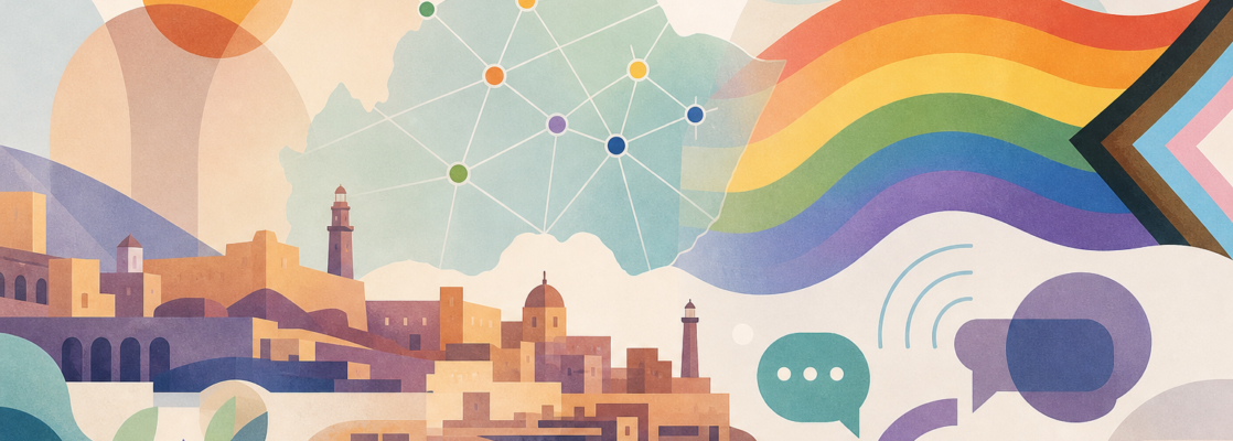 Ilustración abstracta con símbolos de diversidad, un mapa estilizado de Almería y elementos gráficos de comunicación.