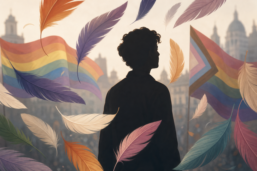 Banderas LGTBI desenfocadas junto a una silueta genérica rodeada de plumas estilizadas.