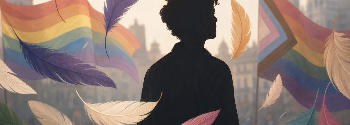 Banderas LGTBI desenfocadas junto a una silueta genérica rodeada de plumas estilizadas.