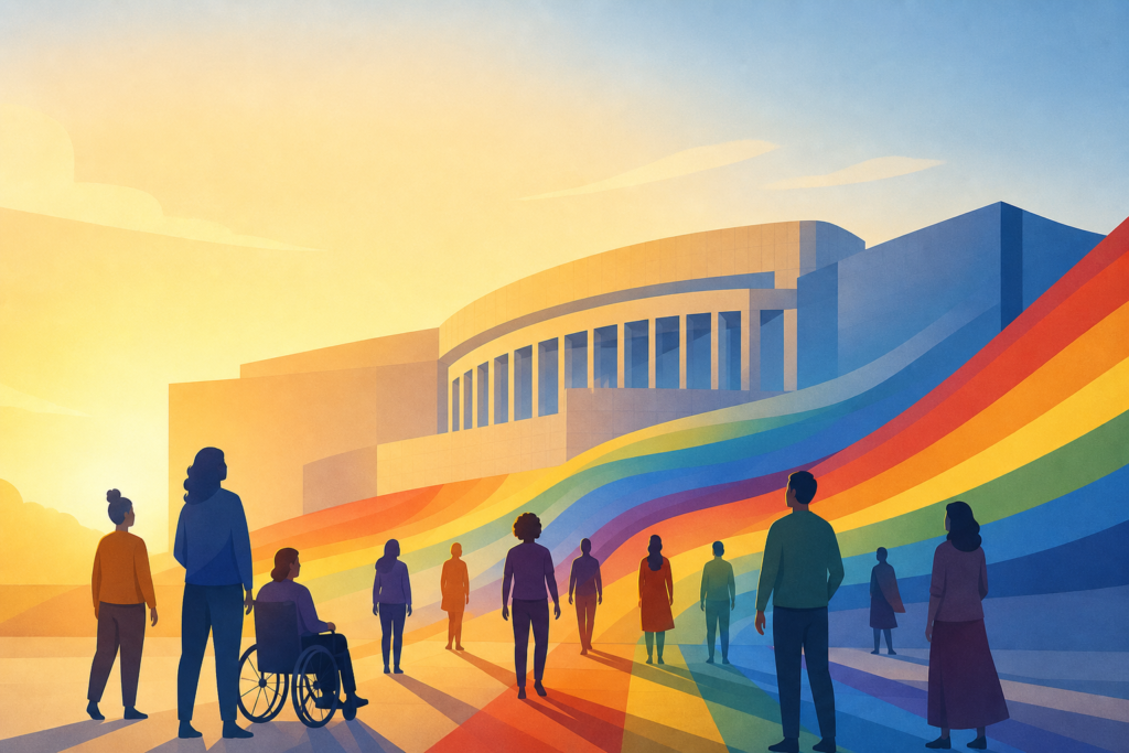 Siluetas diversas ante un edificio institucional estilizado y formas geométricas con los colores LGTBI.