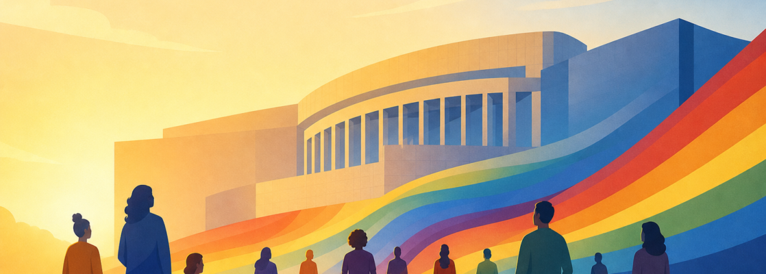 Siluetas diversas ante un edificio institucional estilizado y formas geométricas con los colores LGTBI.