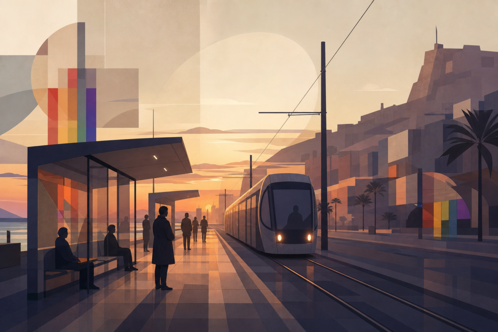 Ilustración abstracta de una parada urbana de tranvía al atardecer con tonos sobrios y discretos acentos LGTBI.