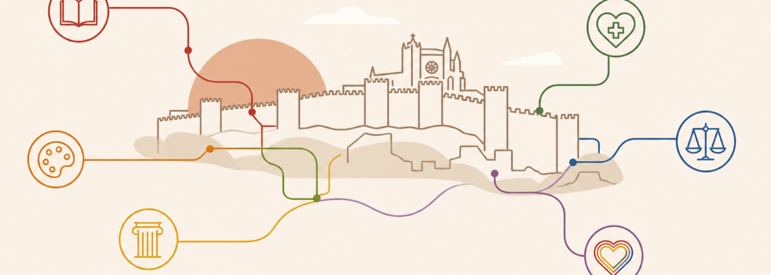 Ilustración vectorial de Ávila conectada mediante líneas de colores con iconos de cultura, salud y derechos.