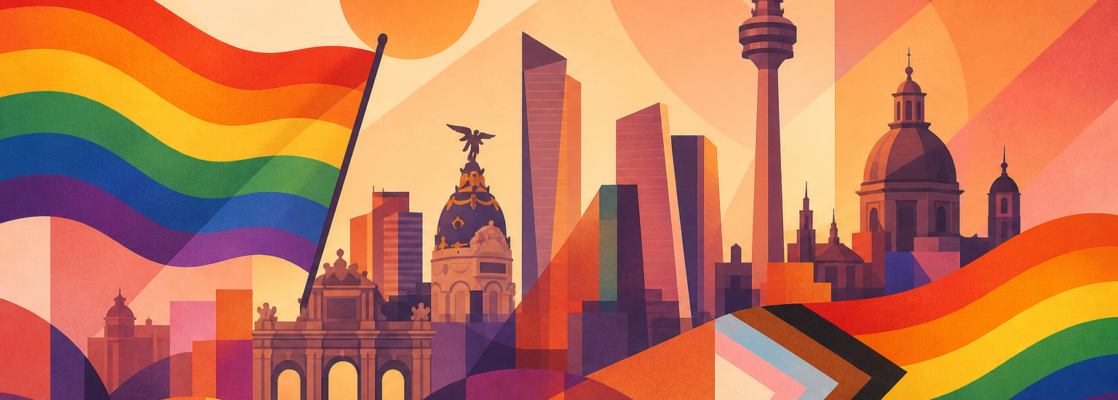Banderas arcoíris y formas geométricas sobre una silueta abstracta del skyline de Madrid.