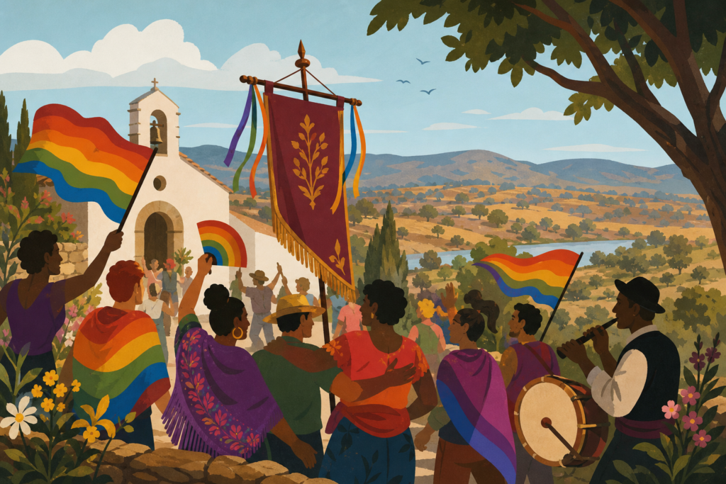 Banderas arcoíris y siluetas adultas celebran una romería LGTBI ante un paisaje rural extremeño.