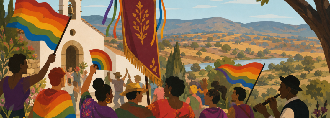 Banderas arcoíris y siluetas adultas celebran una romería LGTBI ante un paisaje rural extremeño.