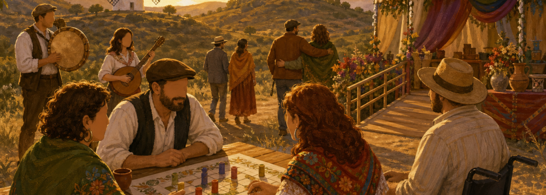 Paisaje rural con carpa de romería, banderas arcoíris, juegos de mesa y elementos del folclore extremeño.