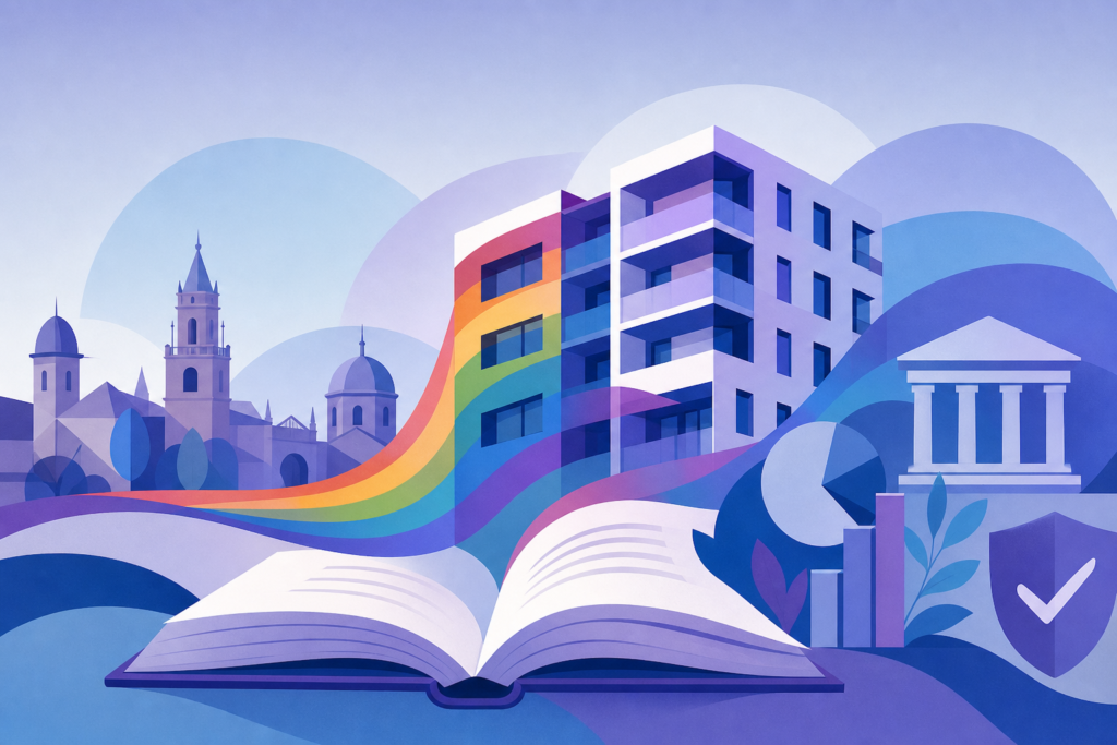 Ilustración abstracta con una bandera arcoíris, un edificio y un libro como símbolos de igualdad, residencias y educación.