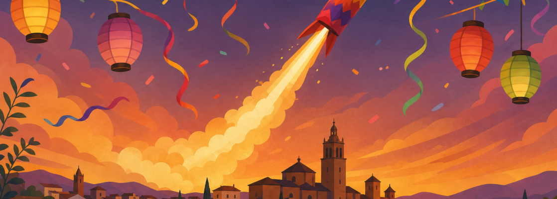 Cohete festivo sobre la silueta de Lodosa, con banderas arcoíris, serpentinas y farolillos de colores.