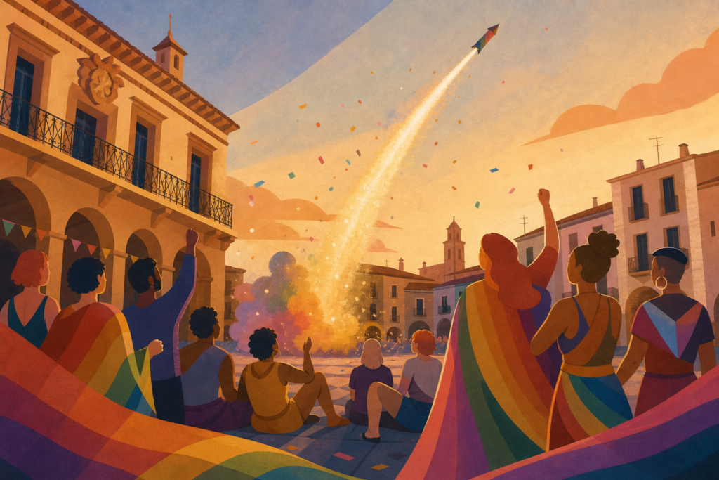 Ilustración de una celebración LGTBIQ+ en una plaza de Lodosa con un cohete estilizado elevándose.