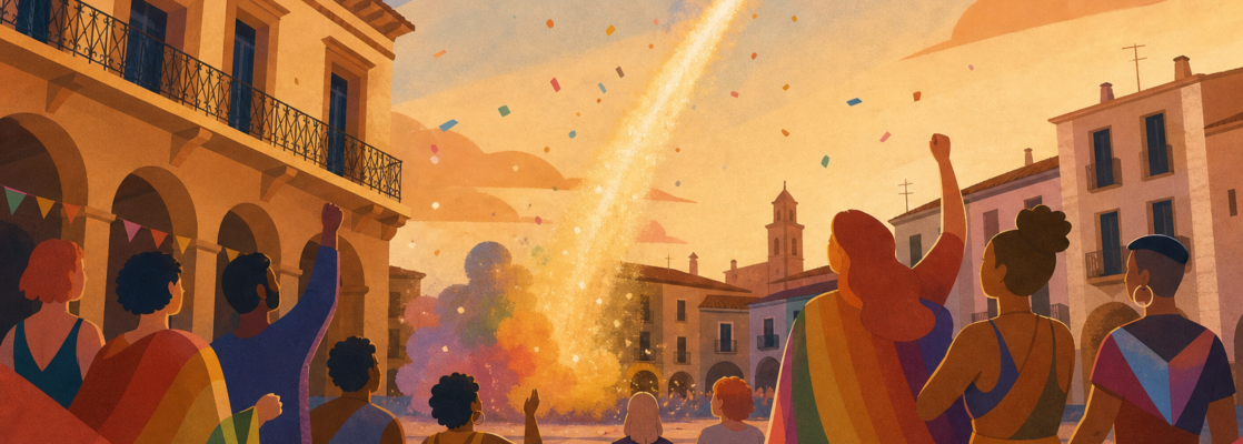 Ilustración de una celebración LGTBIQ+ en una plaza de Lodosa con un cohete estilizado elevándose.