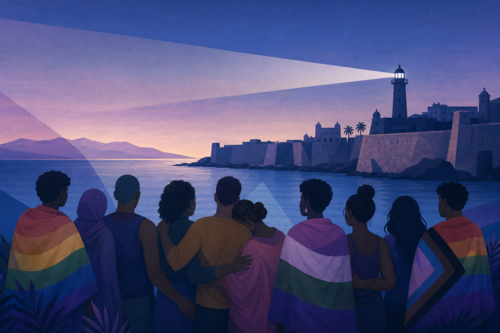 Siluetas no identificables junto a un perfil costero de Ceuta en tonos azules y morados, como símbolo de protección LGTBI.