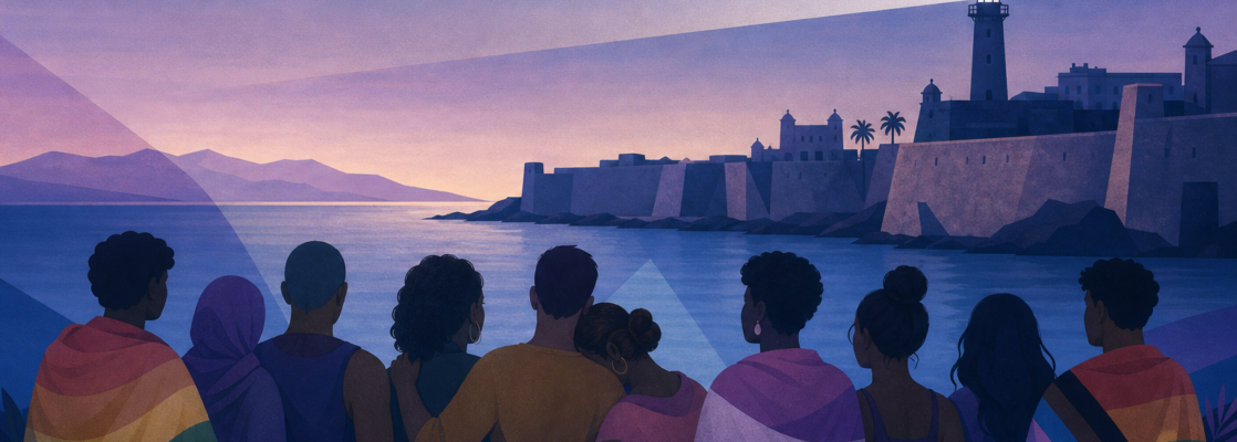 Siluetas no identificables junto a un perfil costero de Ceuta en tonos azules y morados, como símbolo de protección LGTBI.