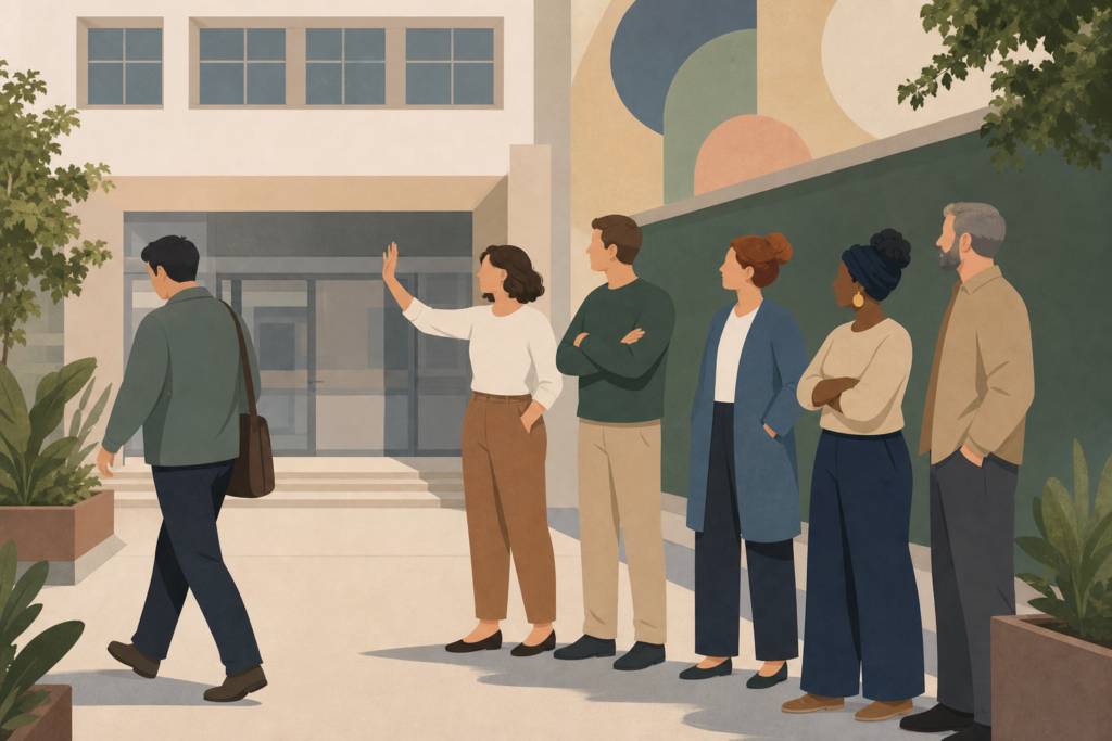 Figuras adultas estilizadas ante un edificio escolar abstracto simbolizan la retirada de un profesor de un curso en Castellón.
