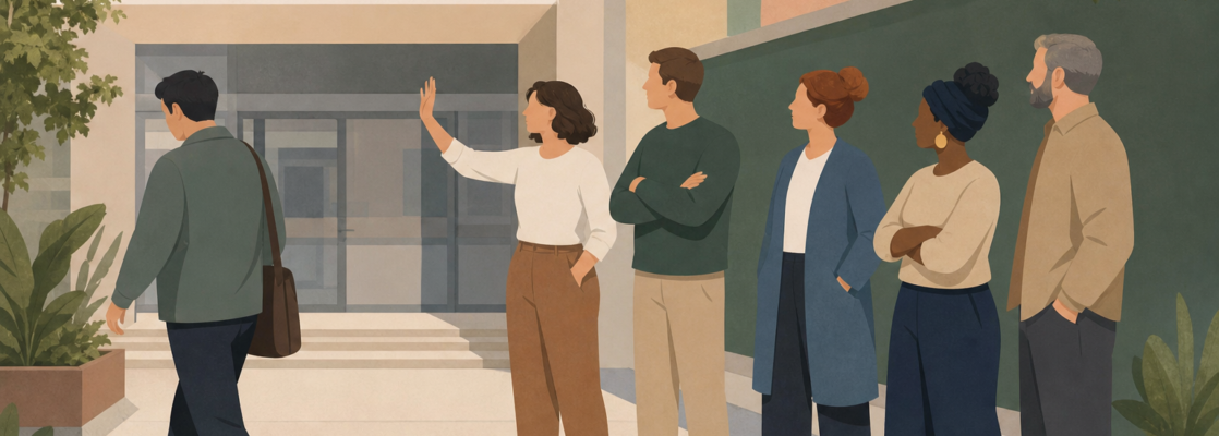 Figuras adultas estilizadas ante un edificio escolar abstracto simbolizan la retirada de un profesor de un curso en Castellón.