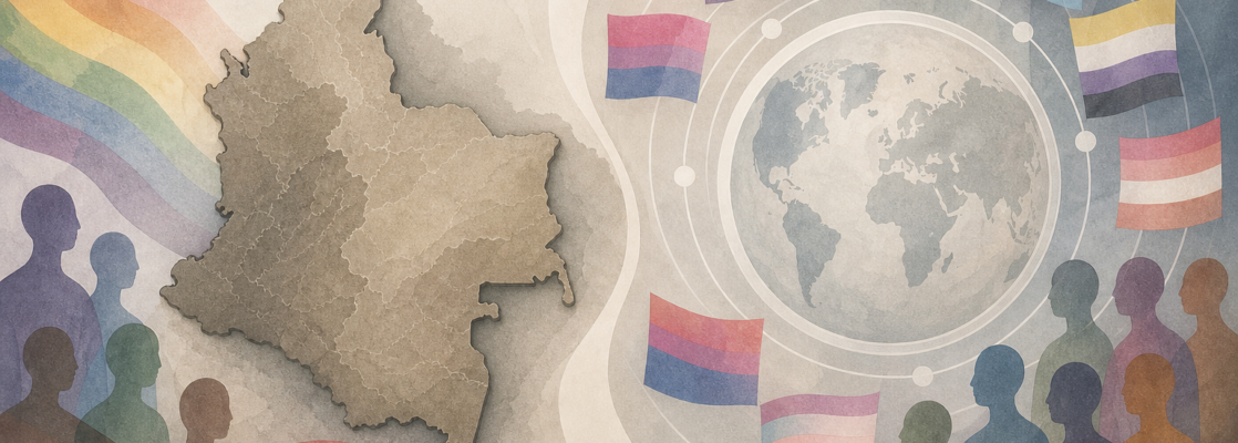 Mapa estilizado de Colombia separado de una coalición, con banderas del orgullo y siluetas abstractas.