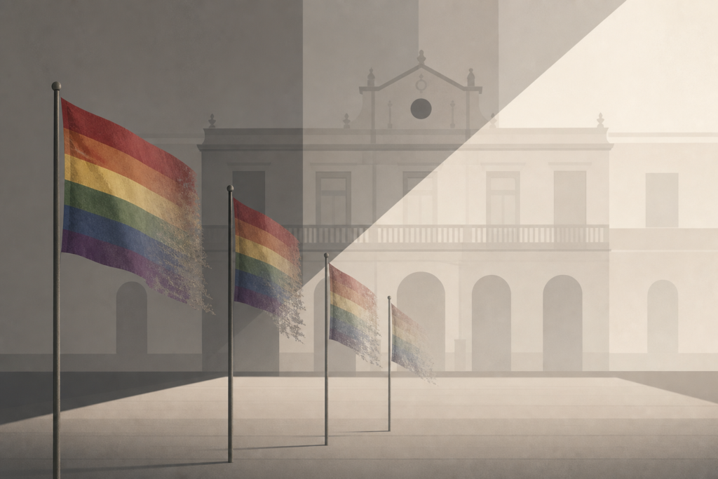 Fachada municipal abstracta con banderas arcoíris desvanecidas que simbolizan la falta de políticas LGTBI en Castelló.