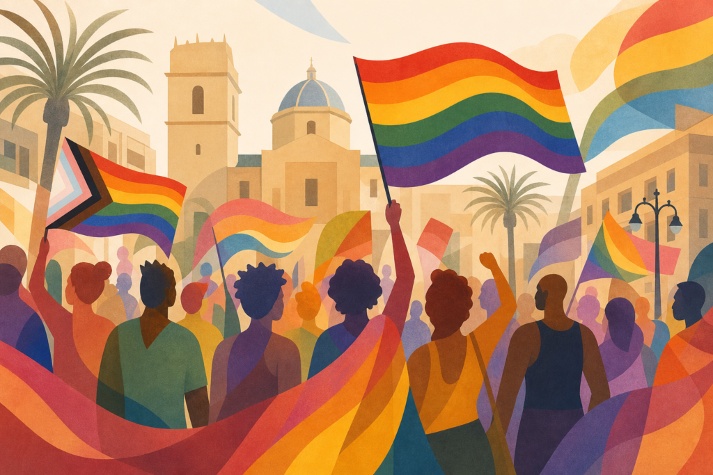 Ilustración abstracta de una manifestación del Orgullo con banderas y siluetas diversas en un entorno urbano de Elche.