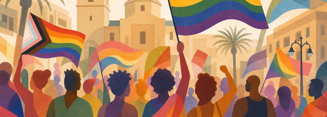 Ilustración abstracta de una manifestación del Orgullo con banderas y siluetas diversas en un entorno urbano de Elche.