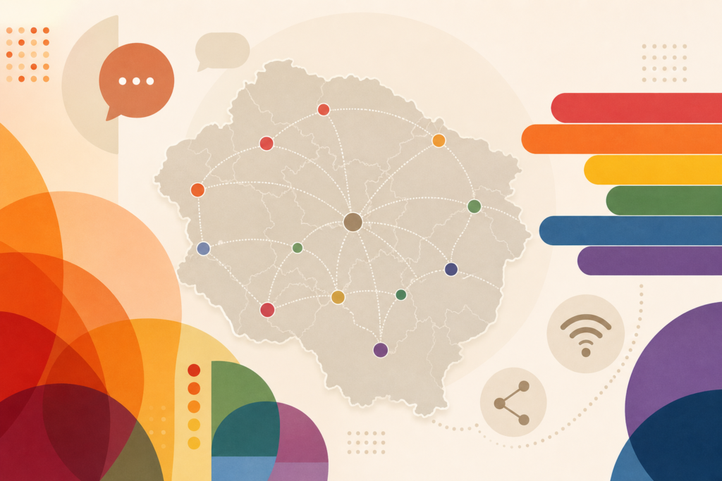 Silueta estilizada de Córdoba conectada con formas abstractas que representan diversidad e inclusión LGTBIQA+.