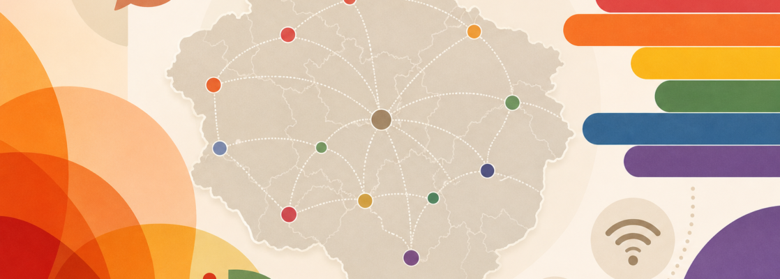 Silueta estilizada de Córdoba conectada con formas abstractas que representan diversidad e inclusión LGTBIQA+.