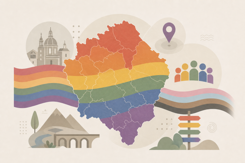 Mapa estilizado de la provincia de Cuenca con símbolos comunitarios y colores LGTBIQA+ atenuados.