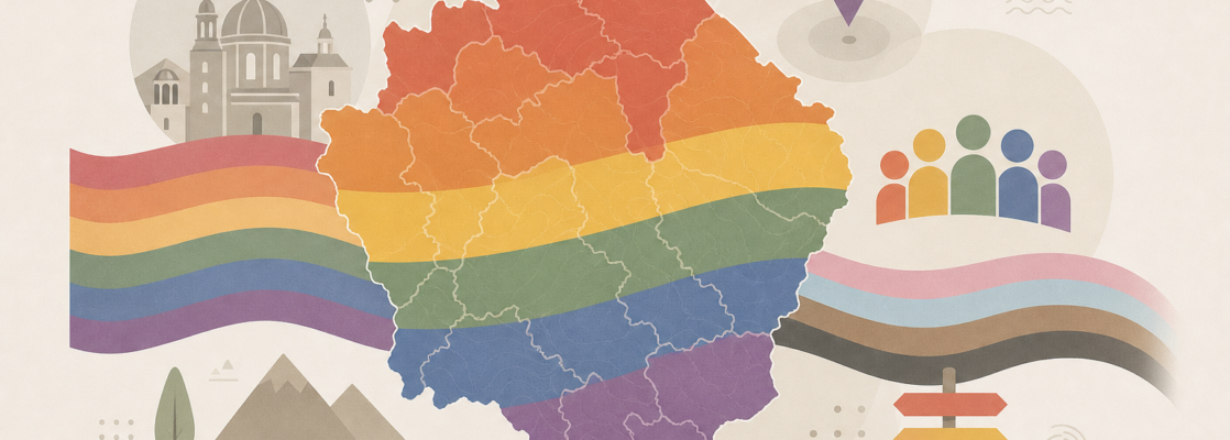 Mapa estilizado de la provincia de Cuenca con símbolos comunitarios y colores LGTBIQA+ atenuados.