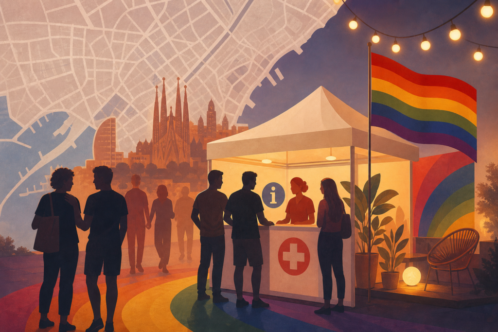 Punto de atención con bandera arcoíris, siluetas anónimas y luces festivas sobre un plano de Barcelona.