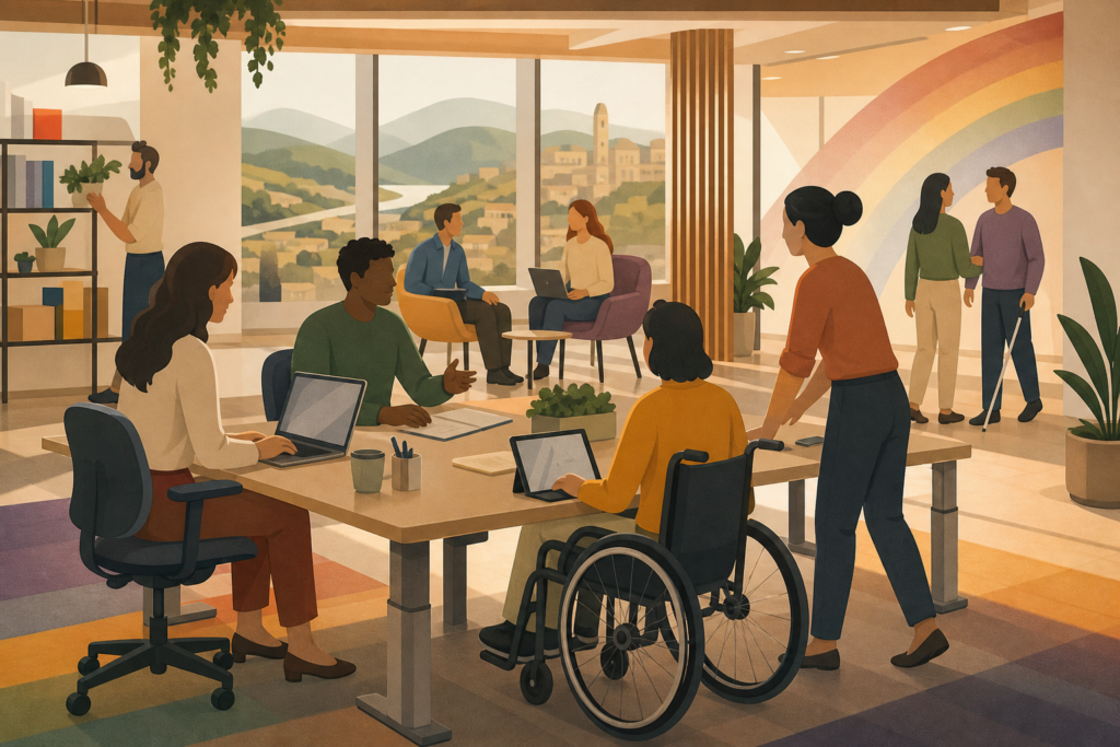 Figuras adultas diversas colaboran en una oficina accesible con tonos cálidos y sutiles colores arcoíris.
