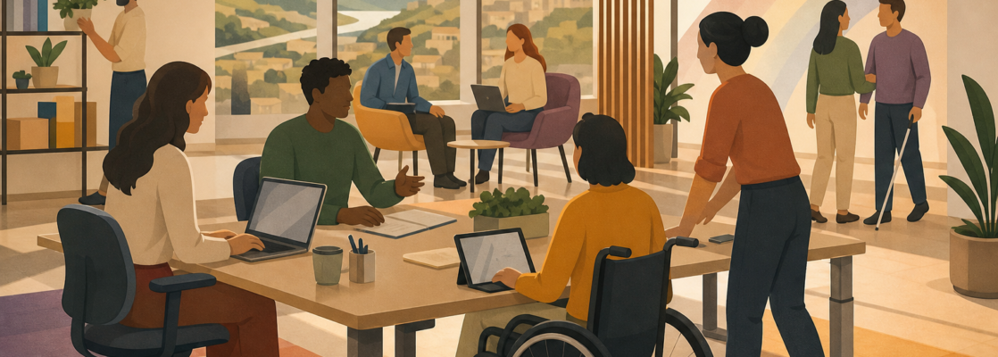 Figuras adultas diversas colaboran en una oficina accesible con tonos cálidos y sutiles colores arcoíris.