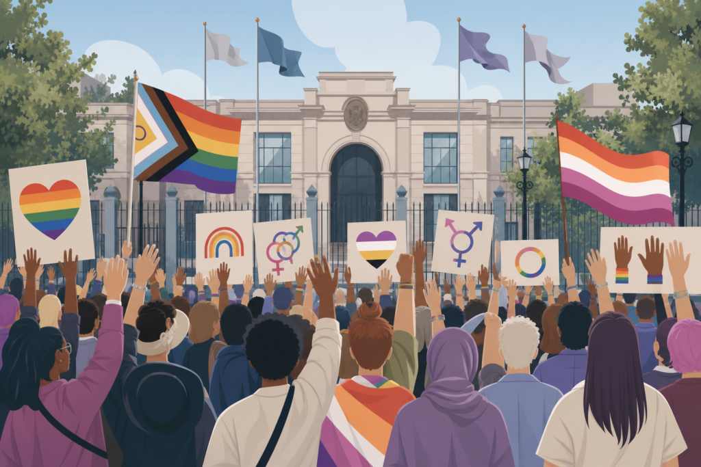 Concentración simbólica con pancartas LGTBI+ ante una sede diplomática estilizada, sin rostros identificables.