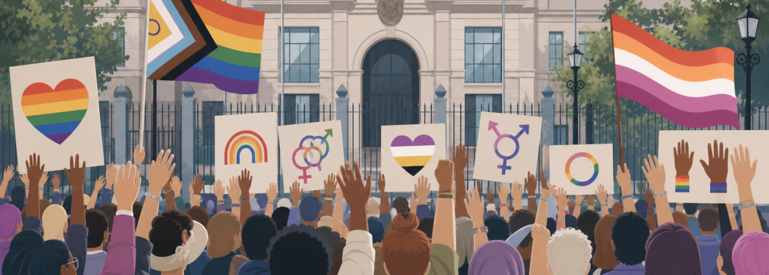 Concentración simbólica con pancartas LGTBI+ ante una sede diplomática estilizada, sin rostros identificables.