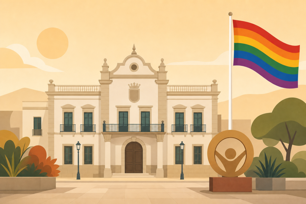 Silueta del Ayuntamiento de San Roque con un reconocimiento institucional y una bandera arcoíris estilizada.