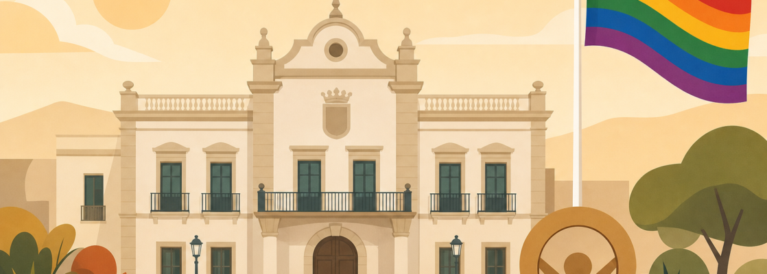 Silueta del Ayuntamiento de San Roque con un reconocimiento institucional y una bandera arcoíris estilizada.