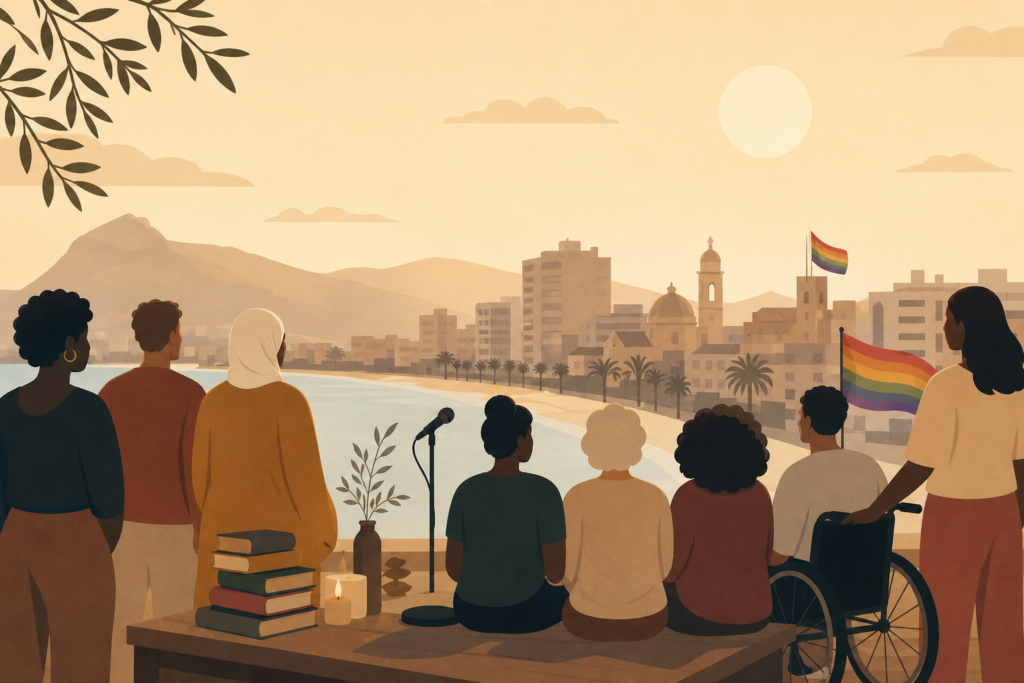Personas diversas ante un perfil urbano costero, con banderas arcoíris, libros y un micrófono.