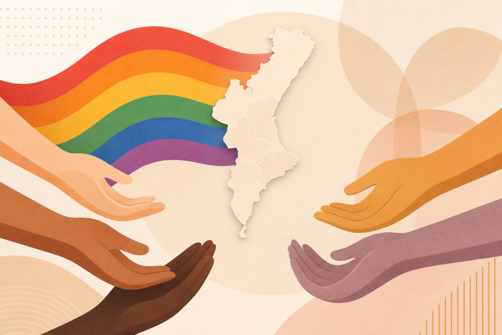 Manos abiertas y bandera LGTBI estilizada sobre un mapa abstracto de la Comunitat Valenciana.