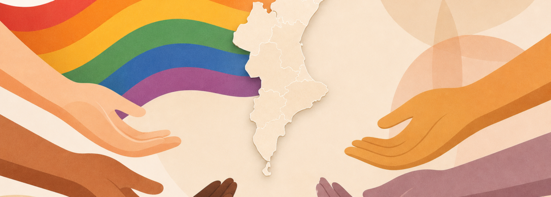 Manos abiertas y bandera LGTBI estilizada sobre un mapa abstracto de la Comunitat Valenciana.
