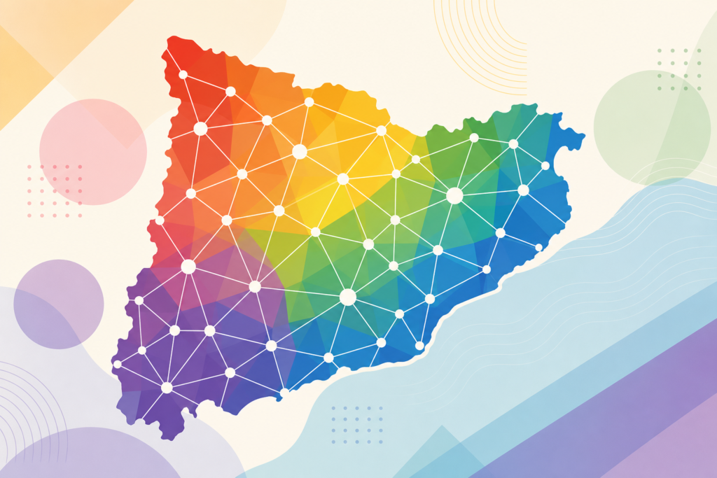 Mapa estilizado de Girona con nodos conectados y una paleta inspirada en los colores del orgullo LGTBIQA+.