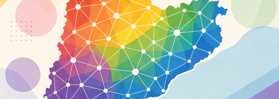 Mapa estilizado de Girona con nodos conectados y una paleta inspirada en los colores del orgullo LGTBIQA+.